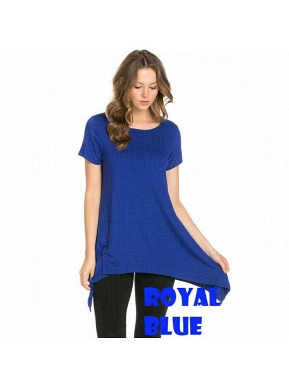 ZENANA short sleeve electric blue asymmetrical hemline tunic Top Size Small NWT